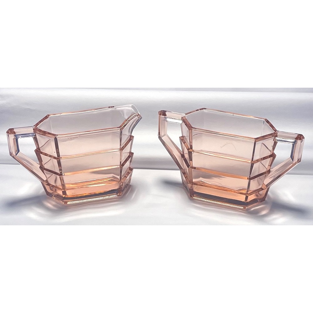 Indiana Glass Tea Room Pink Creamer Sugar Set 1926 Art Deco Depression Glass